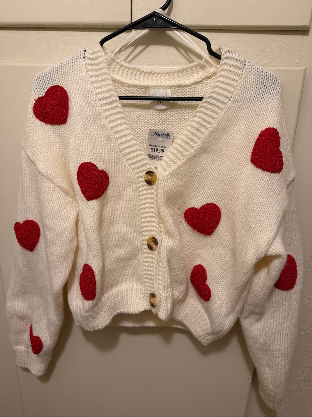 Ivory Heart-Appliqué V-Neck Cardigan Sweater